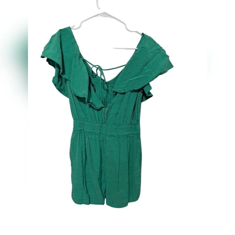 Zara, linen blend green shorts romper, size S